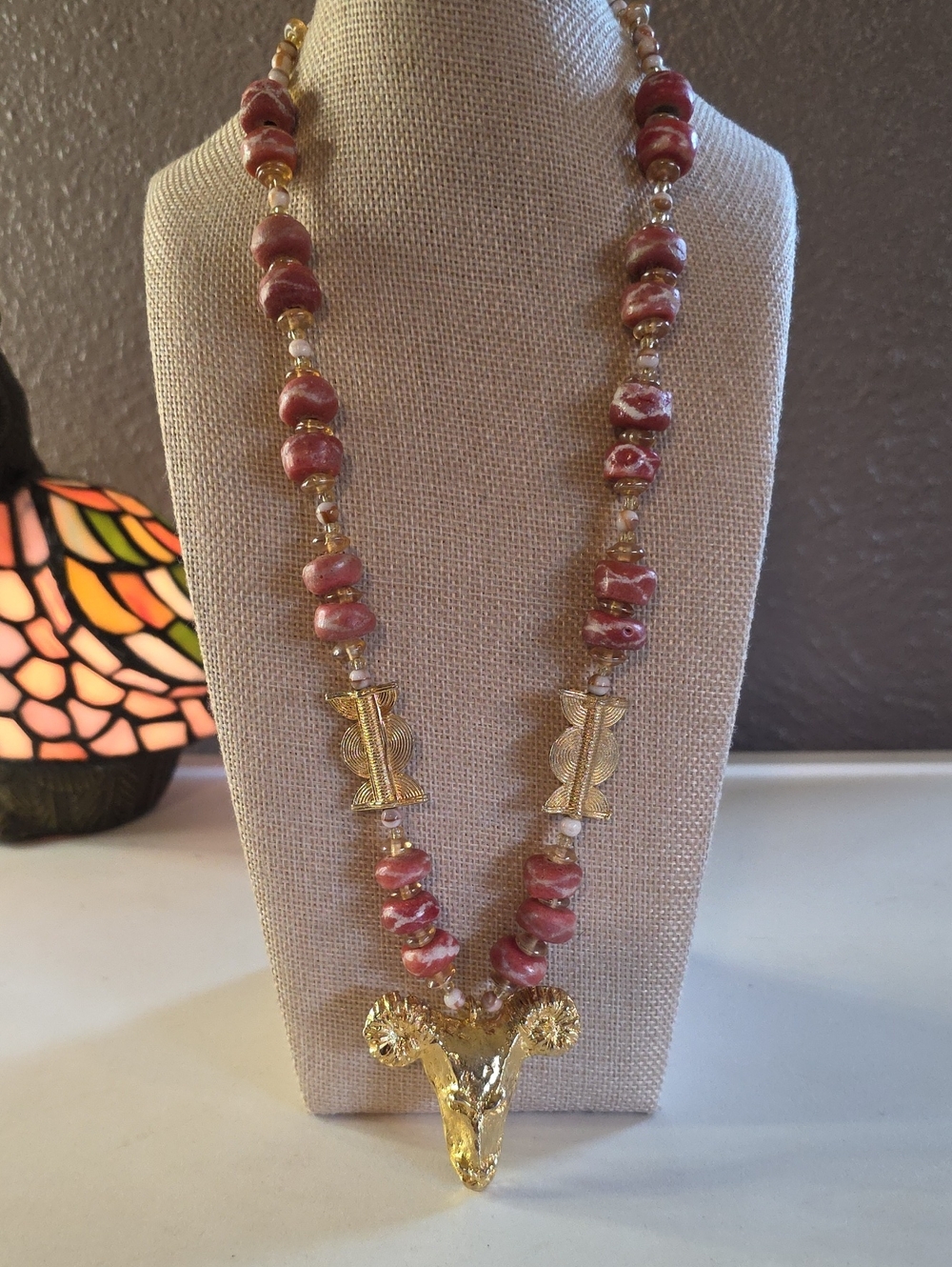 Vintage Real Crazy Lace Agate Beaded Statement Necklace Gold Ram Skull Pendant